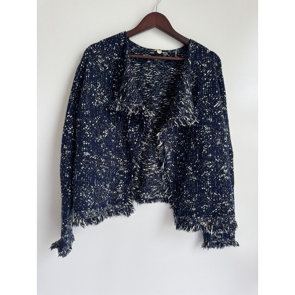 Margaret O'Leary Navy Blue Marled Cashmere Wool Fringe Open Cardigan L Boho